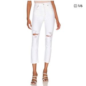 AGOLDE Riley White High Rise Distressed Button Fly Straight Crop Jeans Waist 24